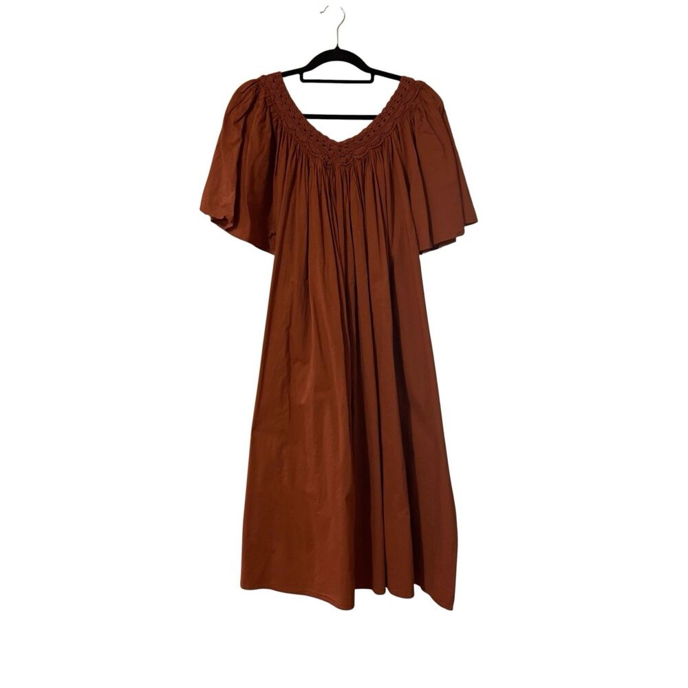Marisol Womens One Size Rust Crochet Neck Boho Peasant Midi Maxi Dress Cotton